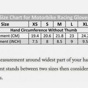 Puede incluir: Tabla de tallas para guantes de carreras de motos, con tallas internacionales de XS a 4XL. Medidas de la circunferencia de la mano en cm y pulgadas, de 19,4 cm (7,5 pulgadas) a 27,8 cm (11 pulgadas). Incluye instrucciones de tallaje.