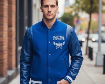 MCM Blå Varsity Bomberjacka Monogram Läderärmar Herrdesign