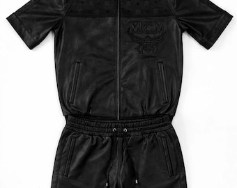 MCM Herr Helsvart Läder Kortärmad Träningsoverall Set Dragkedja Topp & Shorts