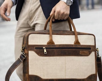 Leather canvas Laptop bag with eco friendly Jute daily work sleeve