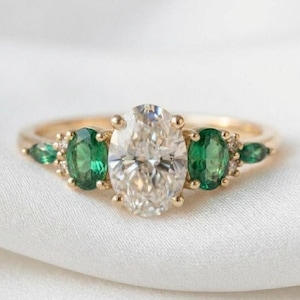 Oval Cut CZ Engagement Ring, Gold Plated Ring Prong Set Wedding Rings Green Emerald Half Eternity Ring CZ Wedding Ring, May Birthstone