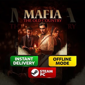 Könnte beinhalten: Werbebild für das Videospiel "Mafia: The Old Country". Das Artwork zeigt eine Gruppe von Personen in Vintage-Kleidung, mit dem Titel des Spiels in Rot. Grüne, gelbe und rote Knöpfe mit Text befinden sich unten.