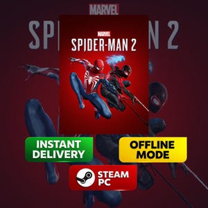 May include: Marvel Spider-Man 2 game cover featuring Spider-Man and Miles Morales in action poses against a red background. The game title and Marvel logo are at the top. Includes "Instant Delivery", "Offline Mode", and "Steam PC" icons.