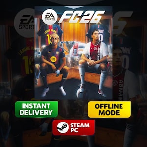 Könnte beinhalten: Werbebild für EA Sports FC26. Das Bild zeigt zwei Fußballspieler, Trikots und Trophäen. Das Logo des Spiels befindet sich oben, mit den Worten "Sofortige Lieferung", "Offline-Modus" und "Steam PC" in farbigen Kästchen.