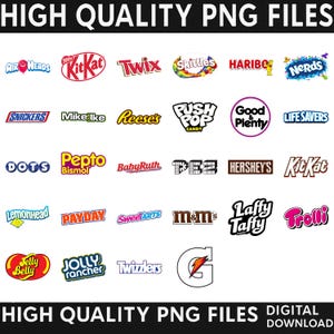 May include: A digital graphic showcasing logos of popular sweets such as Kit Kat, Twix, Skittles, and Haribo. The image includes the text "HIGH QUALITY PNG FILES" at the top and bottom, with "DIGITAL DOWNLOAD" at the bottom.