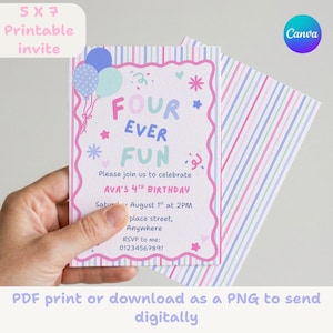Op de afbeelding: Een 5x7 inch printbare verjaardagsuitnodiging met een geschulpte roze rand, blauwe en lichtblauwe ballonnen en kleurrijke confetti. De tekst luidt FOUR EVER FUN, AVA'S 4TH BIRTHDAY, August 1st at 2PM, place street, Anywhere, RSVP 01234567891.