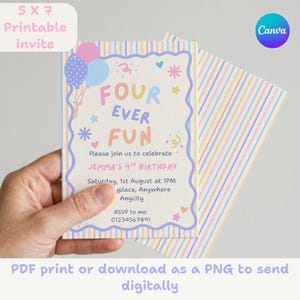 May include: A 5x7 printable birthday invitation card featuring a scalloped blue border, pastel balloons, and confetti graphics. The text reads Four Ever Fun, Jemma's 4th Birthday, Saturday, 1st August at 1PM, and includes placeholder details.
