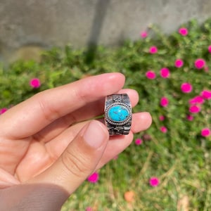 925 sterlingsilver turkos cigarrring | Stämplad bred ring med uttalande | Sydvästlig navajo-stilring