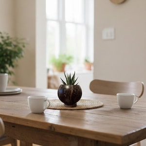 May include: A wooden dining table with two white coffee cups and a small succulent plant in a dark brown coconut shell pot. The plant sits on a round woven placemat. A wooden clock hangs on the wall.