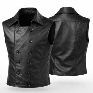 May include: A black sleeveless vest featuring a double-breasted front with ten buttons and a wide collar. The garment is shown from both the front and back angles, displaying a smooth, uniform texture and a structured, tailored fit throughout.