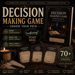 May include: A spiral-bound Decision Making Game interactive journal with a dark, vintage aesthetic. The set includes cards labeled Emotional Check, Take Action Card, and Alignment Check, a mug with the text Clarity Focus Growth, and a pen.