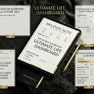 Könnte beinhalten: Ein digitales Life-Dashboard mit Abschnitten wie "Quantum Scripting", "Performance Tracker" und "System Integration". Ein goldener Stift und eine Visitenkarte sind ebenfalls vorhanden. Das Dashboard soll Benutzern helfen, verschiedene Aspekte ihres Lebens zu verfolgen und zu verbessern.