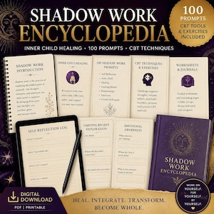May include: A collection of self-help books and journals, including a spiral-bound notebook and a hardcover book titled "Shadow Work Encyclopedia." The materials focus on inner child healing, CBT techniques, and self-reflection, with the text "Digital Download PDF | Printable."