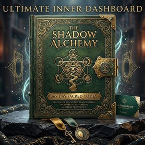 Pode incluir: Um livro verde intitulado "The Shadow Alchemy" com detalhes dourados e um fecho decorativo. O livro está sobre um pedestal de pedra, com um cartão de visita e um pingente em forma de chave. O texto "Ultimate Inner Dashboard" está no topo.