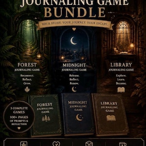 Puede incluir: Gráfico de descarga digital para un paquete de juegos de diario 3 en 1. La imagen presenta tres portadas de diario temáticas: Bosque, Medianoche y Biblioteca. El gráfico incluye texto como "Tu historia. Tu viaje. Tu escape."