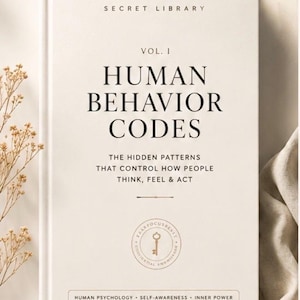 Op de afbeelding: Een hardcover boek getiteld "HUMAN BEHAVIOR CODES" met de ondertitel "THE HIDDEN PATTERNS THAT CONTROL HOW PEOPLE THINK, FEEL & ACT". De cover is gebroken wit met gouden letters en een sleutelsymbool. Het boek maakt deel uit van de serie "SECRET LIBRARY".
