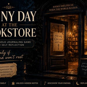 Peut inclure: Publicité pour un jeu de journalisation intitulé "Rainy Day at the Bookstore". L'image montre une entrée de librairie avec le texte "Books shelter us when the world is loud". Le jeu promet une expérience nocturne immersive pour les personnes qui réfléchissent trop et les âmes calmes.