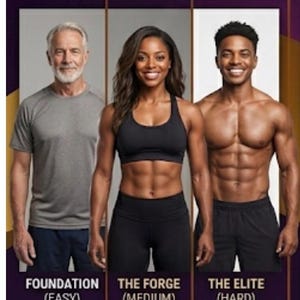 May include: An advertisement for a fitness program titled "INCLUSIVE EVOLUTION SYSTEM." The image features three people at different fitness levels. Text indicates the program has three stages: Foundation (Easy), The Forge (Medium), and The Elite (Hard).