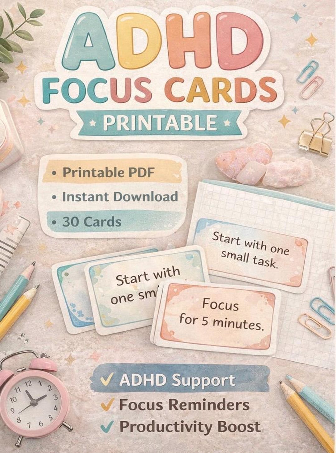 ADHD Focus Cards Printable PDF, Productivity Support (30 Cards) - Etsy