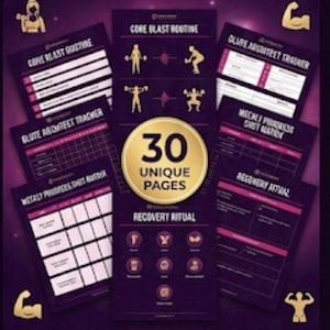 May include: A collection of fitness-themed printables with a dark purple background. The printables include workout routines, trackers, and recovery rituals. The central design element is a gold circle with the text "30 UNIQUE PAGES".
