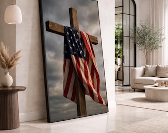 Patriotic American Flag Cross Canvas Wall Art, Rustic Wood Faith Decor