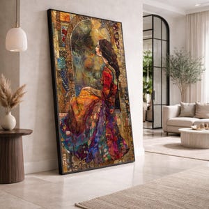 Boho Frau Porträt Leinwand Kunst, Buntes Patchwork Kleid, Ethnische Stil Wand Dekor