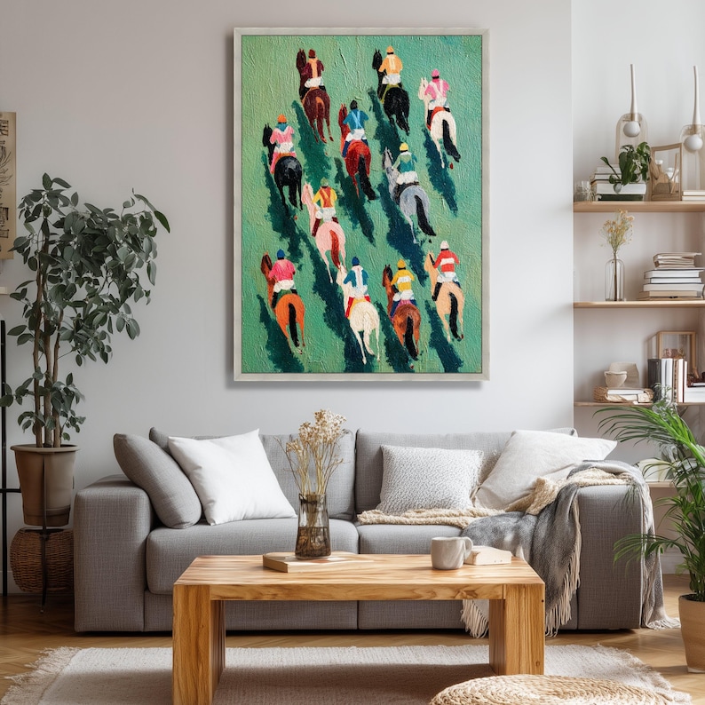 Vibrant Horse Racing Canvas, Colorful Jockeys Artwork, Equestrian Sport Wall Art image 4