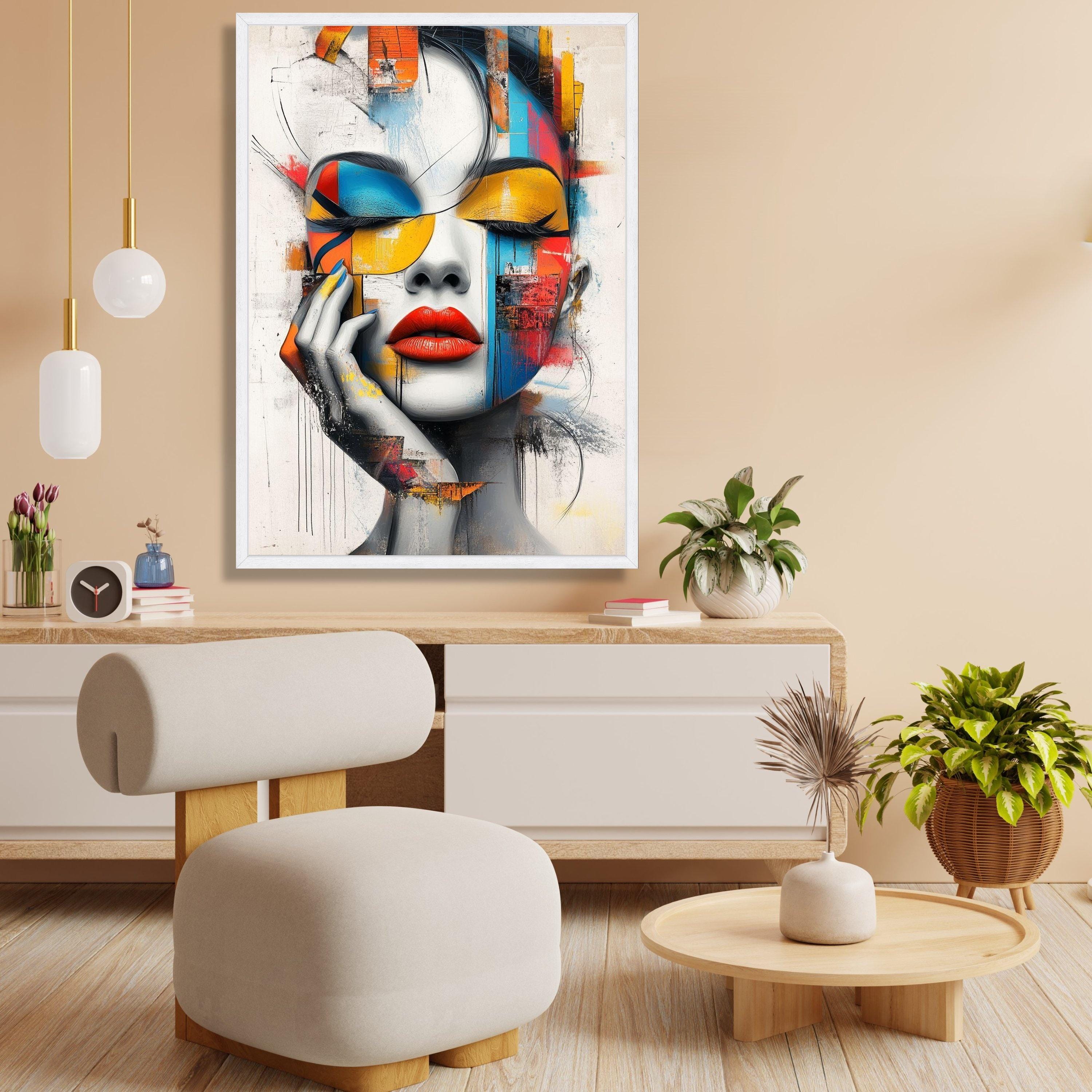 Abstract Woman Face Canvas, Modern Pop Art Portrait, Colorful Geometric ...