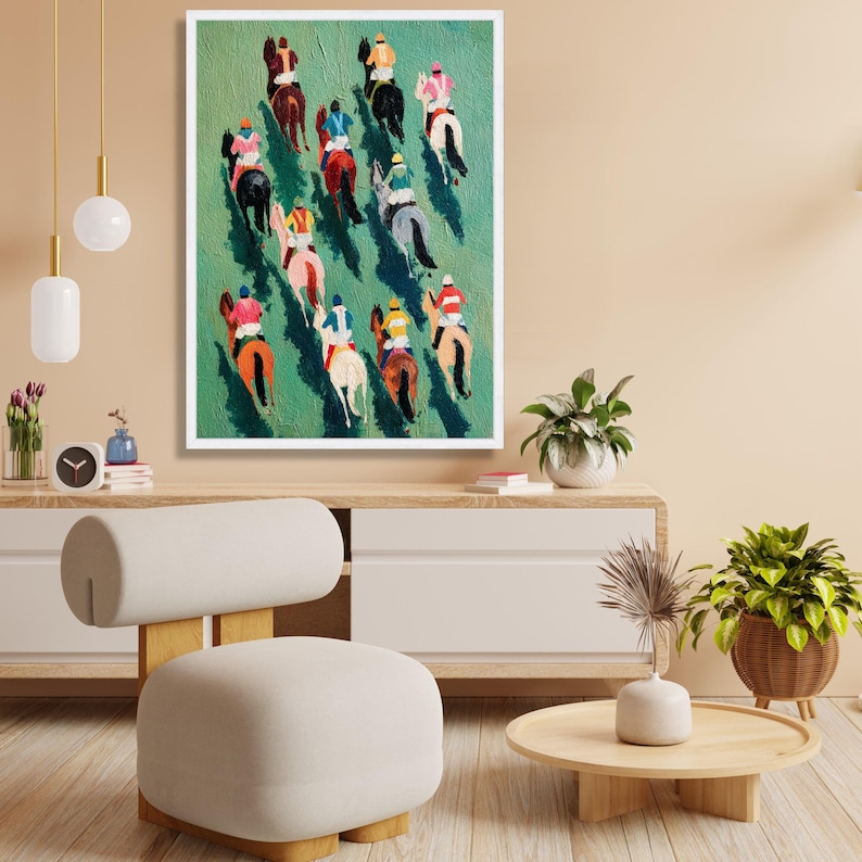 Vibrant Horse Racing Canvas, Colorful Jockeys Artwork, Equestrian Sport Wall Art image 5