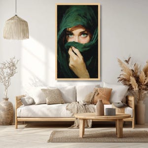 Canvaskunst mysterieuze vrouw groene ogen, gesluierde portretschildering, dramatische muurdecoratie afbeelding 6