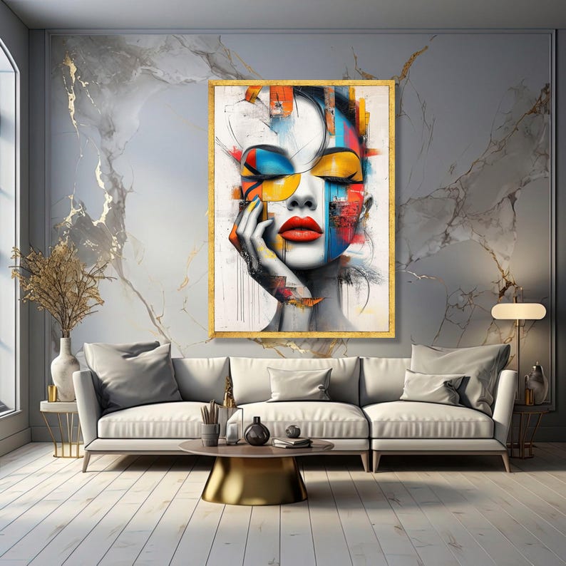 Abstract Woman Face Canvas, Modern Pop Art Portrait, Colorful Geometric ...