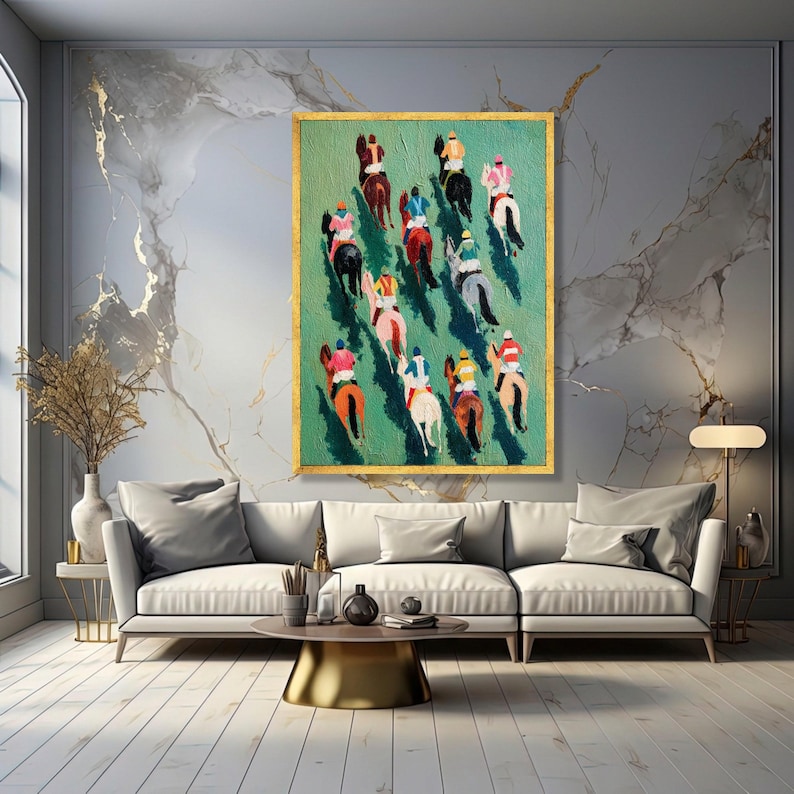 Vibrant Horse Racing Canvas, Colorful Jockeys Artwork, Equestrian Sport Wall Art image 2