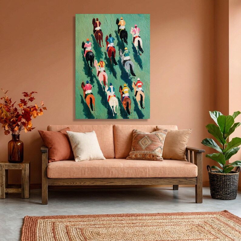 Vibrant Horse Racing Canvas, Colorful Jockeys Artwork, Equestrian Sport Wall Art image 6