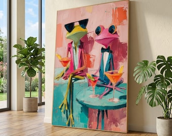 Funky Frogs Cocktails Bar Scene Canvas Art, Colorful Abstract Animal Painting