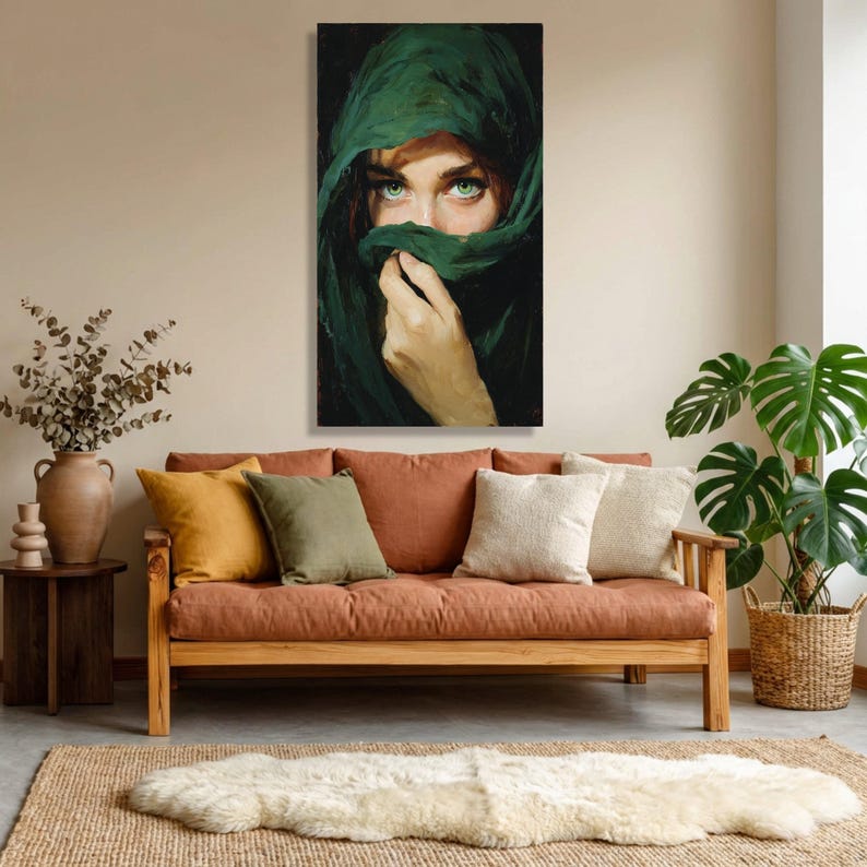 Canvaskunst mysterieuze vrouw groene ogen, gesluierde portretschildering, dramatische muurdecoratie afbeelding 7
