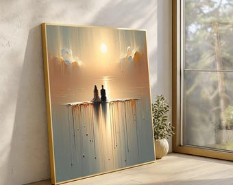 Abstracte canvaskunst romantische zonsondergang paar, muurdecoratie druipende verf