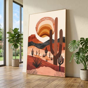 Lienzo impreso con la imagen de una puesta de sol en el desierto, arte paisajístico bohemio del suroeste con cactus.
