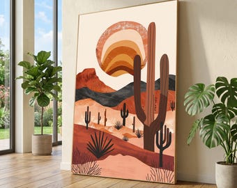 Desert Sunset Canvas Print, Boho Cactus Southwest Landscape Art