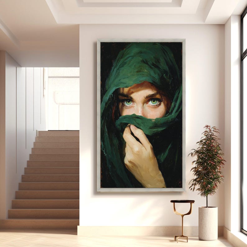 Canvaskunst mysterieuze vrouw groene ogen, gesluierde portretschildering, dramatische muurdecoratie afbeelding 4