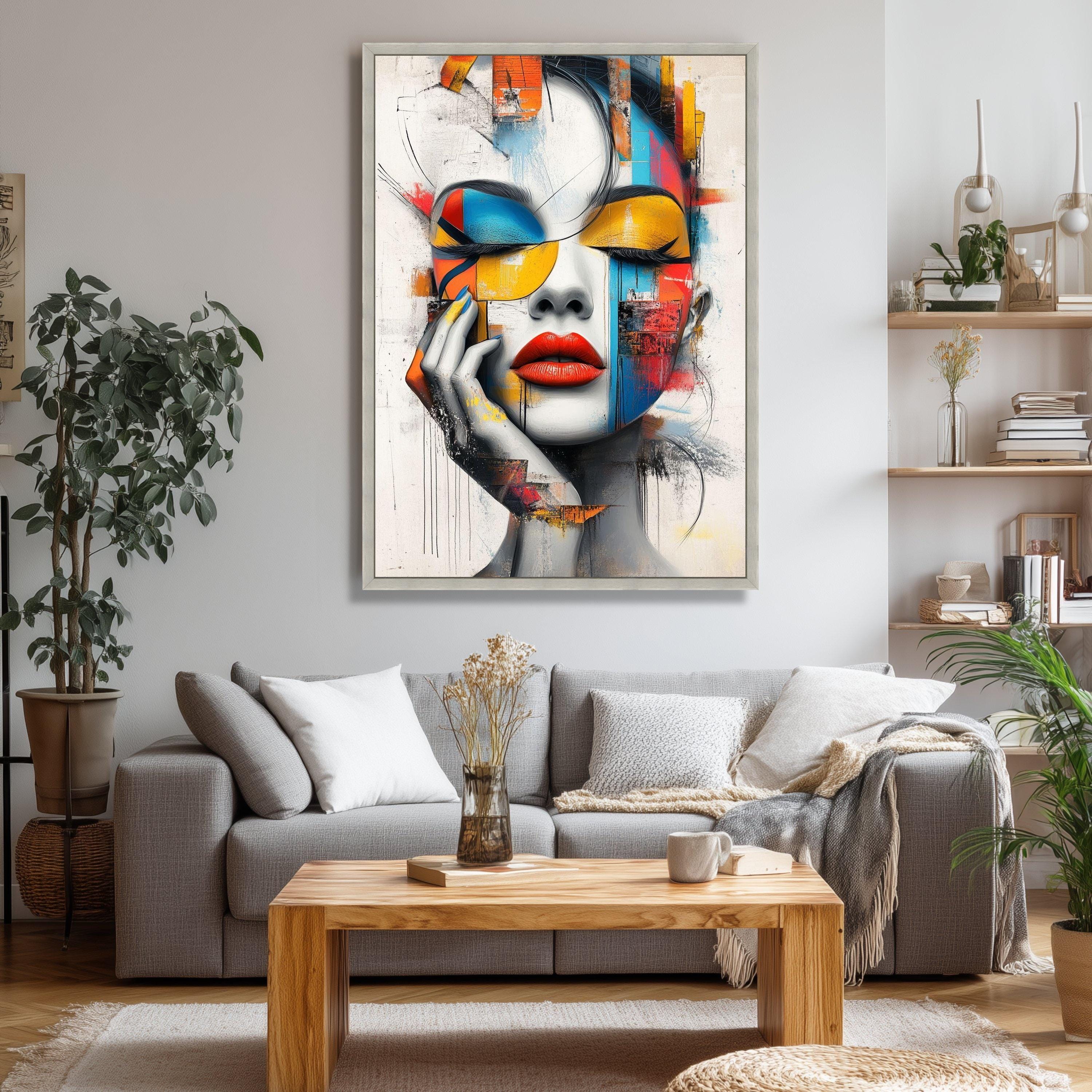 Abstract Woman Face Canvas, Modern Pop Art Portrait, Colorful Geometric ...