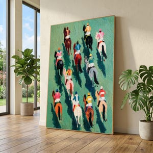 Vibrant Horse Racing Canvas, Colorful Jockeys Artwork, Equestrian Sport Wall Art image 1