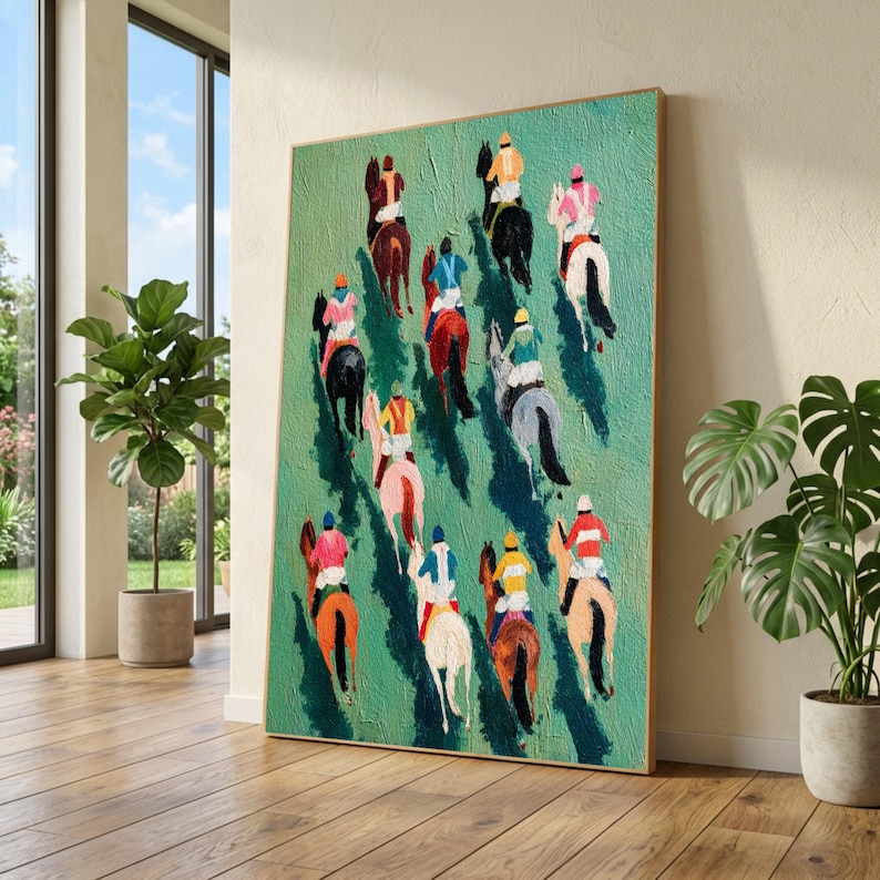 Vibrant Horse Racing Canvas, Colorful Jockeys Artwork, Equestrian Sport Wall Art image 1