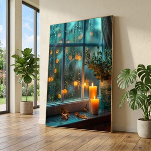 Puede incluir: Un cuadro rectangular que representa una ventana bajo la lluvia por la noche. La imagen muestra dos velas de pilar naranjas encendidas en el alféizar, hojas marrones dispersas y luces doradas desenfocadas a través de los cristales mojados.