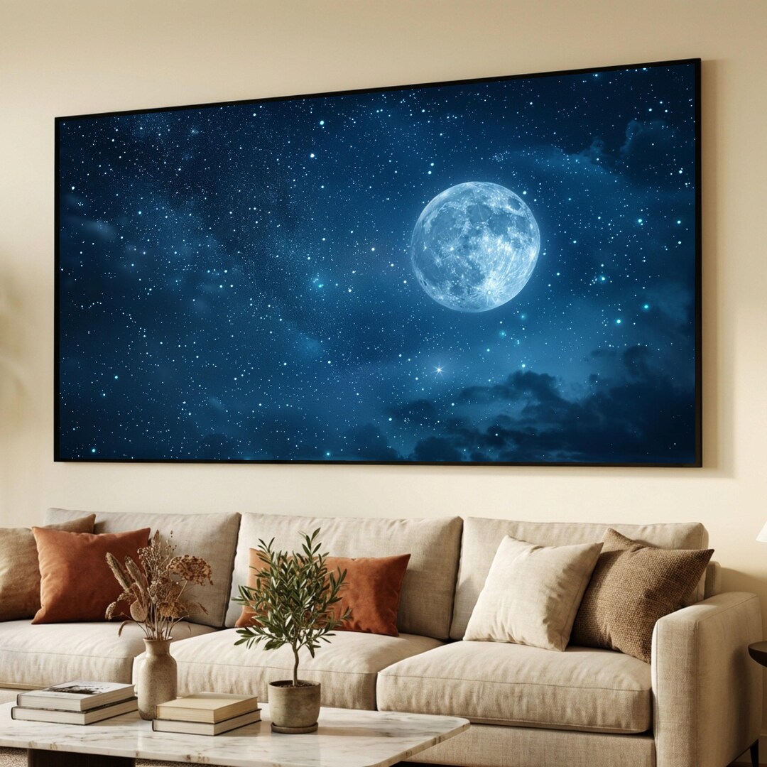 Full Moon Night Sky Canvas, Starry Celestial Wall Art, Moon and Stars ...