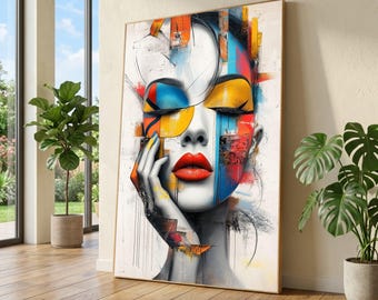 Abstract vrouwengezicht canvas, modern pop-art portret, kleurrijke geometrische muurkunst