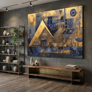 Toile d'art abstraite pyramides d'Égypte, décoration antique moderne bleu or, motif hiéroglyphique géométrique