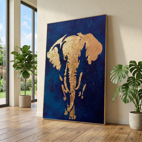 Lienzo con silueta de elefante dorado, arte abstracto de animales para pared, pintura de safari azul.