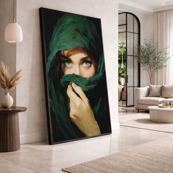 Mysterious Woman Green Eyes Canvas Art, Veiled Portrait Painting, Dramatic Wall Decor