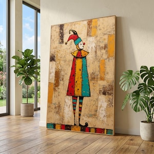 Colorful Jester Clown Canvas Art, Abstract Carnival Painting, Whimsical Figurative Decor