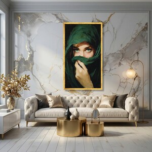 Canvaskunst mysterieuze vrouw groene ogen, gesluierde portretschildering, dramatische muurdecoratie afbeelding 2